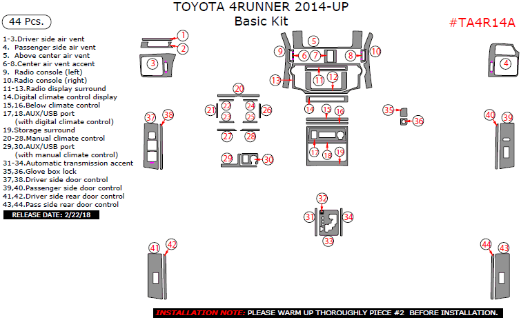 Toyota 4Runner 2014-2025, Basic Kit, 44 Pcs. dash trim kits options