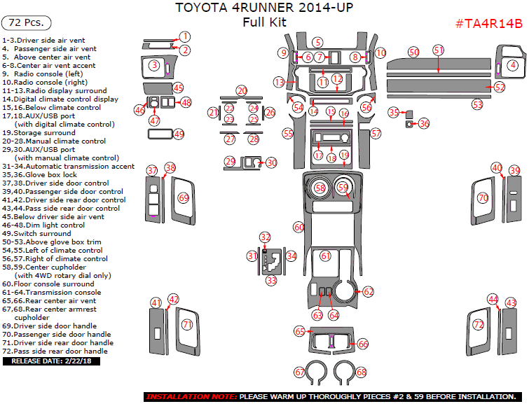 Toyota 4Runner 2014-2025, Full Kit, 72 Pcs. dash trim kits options