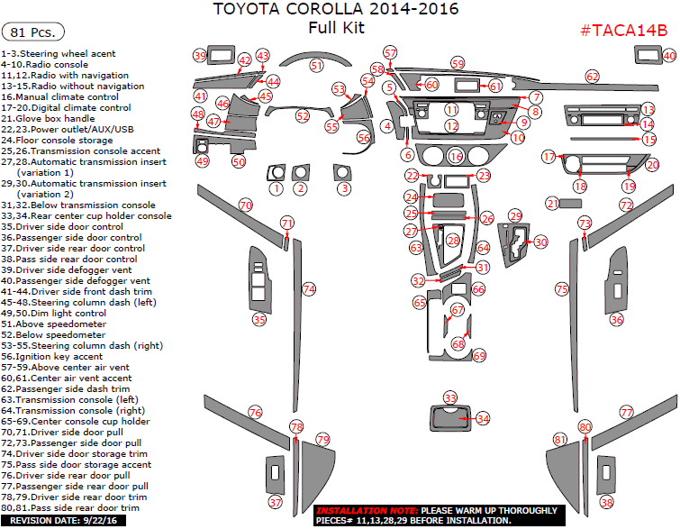 Toyota Corolla 2014, 2015, 2016, Full Interior Kit, 81 Pcs. dash trim kits options