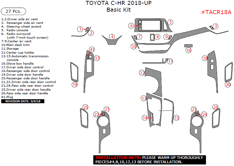 Toyota C-HR 2018-2025, Basic Interior Kit, 27 Pcs. dash trim kits options