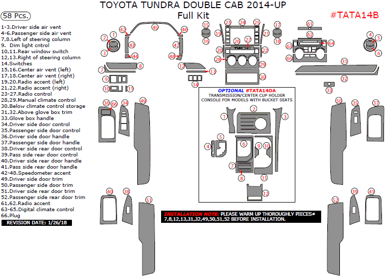 Toyota Tundra 2014, 2015, 2016, 2017, 2018, 2019, Full Interior Kit (Double Cab Only), 58 Pcs. dash trim kits options