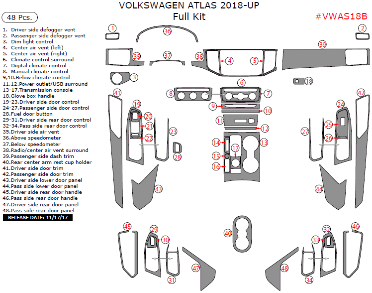 Volkswagen Atlas 2018-2023, Full Interior Kit, 48 Pcs. dash trim kits options