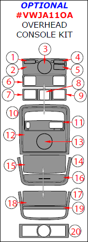 Volkswagen Jetta Sedan 2011, 2012, 2013, 2014, Optional Overhead Console Interior Kit, 20 Pcs. dash trim kits options