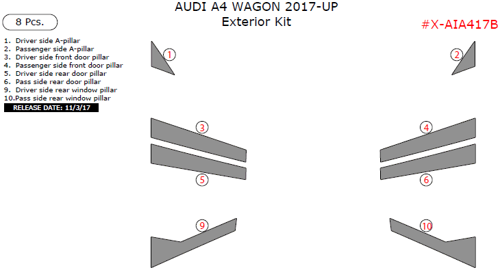 Audi A4 Wagon 2017-2025, Exterior Kit, 8 Pcs. dash trim kits options