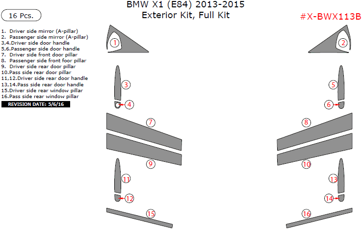 BMW X1 2013, 2014, 2015, Exterior Kit, Full Interior Kit, 16 Pcs. dash trim kits options