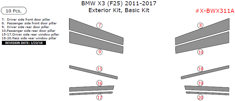 BMW X3 2011, 2012, 2013, 2014, 2015, 2016, 2017, Basic Exterior Kit, 10 Pcs. dash trim kits options