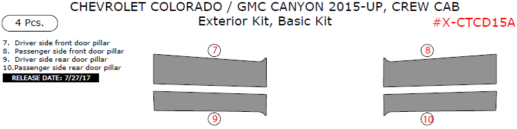 Chevrolet Colorado / GMC Canyon 2015, 2016, 2017, 2018, 2019, 2020, 2021, 2022 Crew Cab, Basic Exterior Kit, 4 Pcs. dash trim kits options