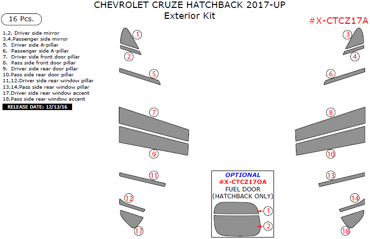 Chevrolet Cruze Hatchback 2017-2019, Exterior Kit, 16 Pcs. dash trim kits options