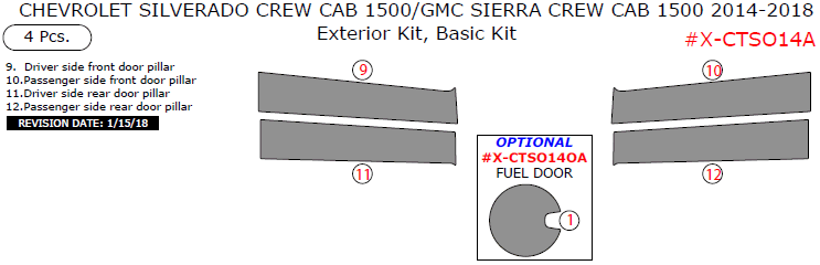 Chevrolet Silverado Crew Cab 1500/GMC Sierra Crew Cab 1500 2014, 2015, 2016, 2017, 2018, Basic Exterior Kit, 4 Pcs. dash trim kits options