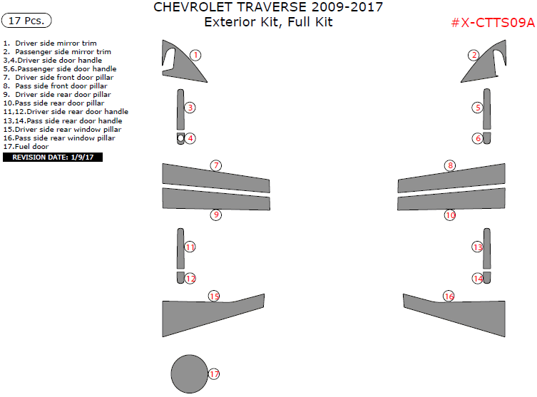 Chevrolet Traverse 2009, 2010, 2011, 2012, 2013, 2014, 2015, 2016, 2017, Exterior Kit, Full Interior Kit, 17 Pcs. dash trim kits options