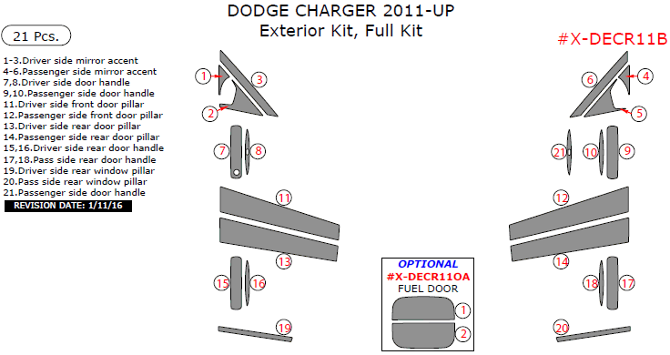 Dodge Charger 2011, 2012, 2013, 2014, 2015, 2016, 2017, 2018, 2019, 2020, 2021, 2022, 2023, 2024, 2025 Exterior Kit, Full Interior Kit, 21 Pcs. dash trim kits options