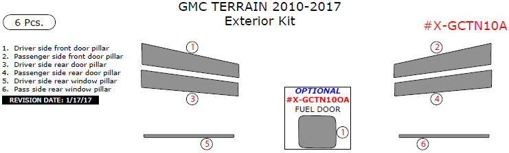 GMC Terrain 2010, 2011, 2012, 2013, 2014, 2015, 2016, 2017, Exterior Kit, 6 Pcs. dash trim kits options