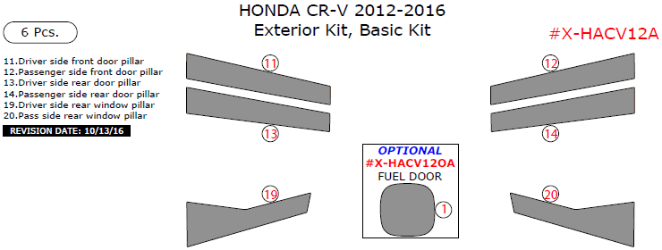 Honda CR-V 2012, 2013, 2014, 2015, 2016, Basic Exterior Kit, 6 Pcs. dash trim kits options