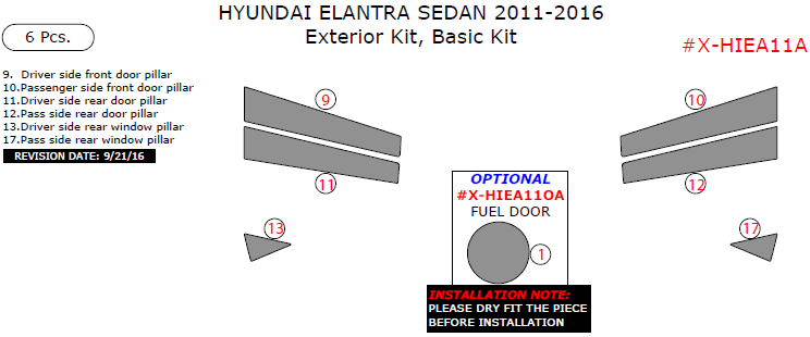 Hyundai Elantra Sedan 2011, 2012, 2013, 2014, 2015, 2016, Basic Exterior Kit, 6 Pcs. dash trim kits options