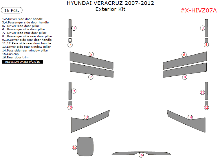 Hyundai Veracruz 2007, 2008, 2009, 2010, 2011, 2012, Exterior Kit, 16 Pcs. dash trim kits options