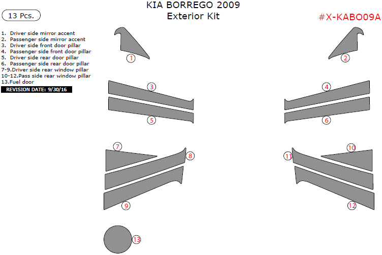 Kia Borrego 2009, Exterior Kit, 13 Pcs. dash trim kits options