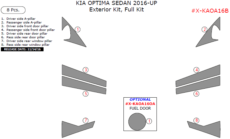 Kia Optima Sedan 2016, 2017, 2018, 2019, 2020 Exterior Kit, Full Interior Kit, 8 Pcs. dash trim kits options