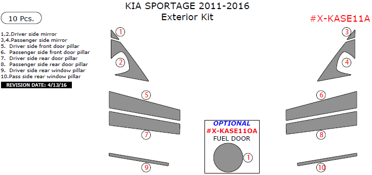 Kia Sportage 2011, 2012, 2013, 2014, 2015, 2016, Exterior Kit, 10 Pcs. dash trim kits options