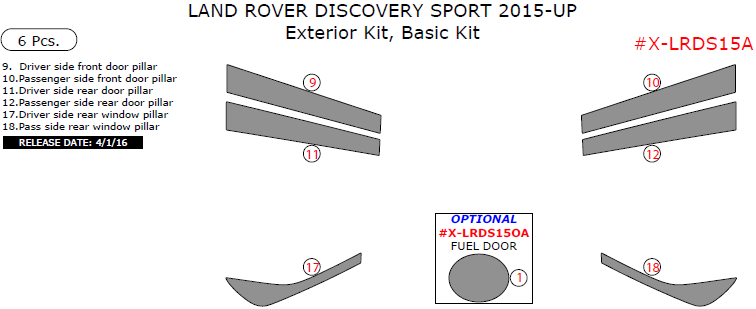 Land Rover Discovery Sport 2015, 2016, 2017, Basic Exterior Kit, 6 Pcs. dash trim kits options