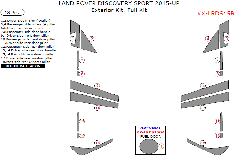 Land Rover Discovery Sport 2015, 2016, 2017, Exterior Kit, Full Interior Kit, 18 Pcs. dash trim kits options