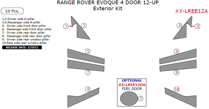 Land Rover Range Rover Evoque 2012, 2013, 2014, 2015, 2016, 2017, Exterior Kit (4 Door), 10 Pcs. dash trim kits options