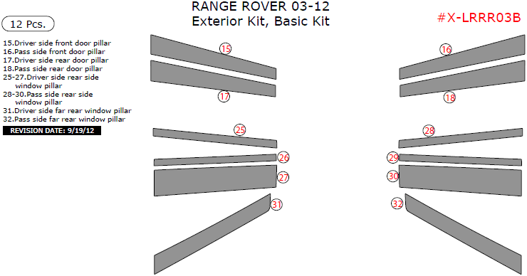 Land Rover Range Rover 2003, 2004, 2005, 2006, 2007, 2008, 2009, 2010, 2011, 2012, Basic Exterior Kit, 12 Pcs. dash trim kits options