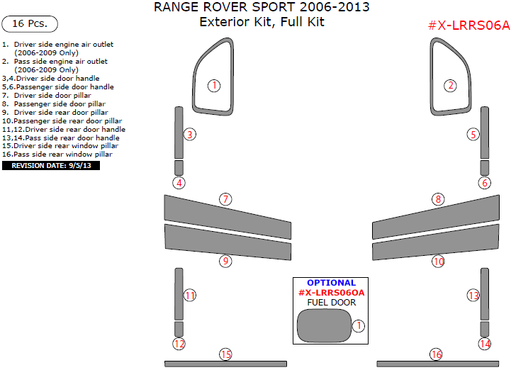 Land Rover Range Rover Sport 2006, 2007, 2008, 2009, 2010, 2011, 2012, 2013, Exterior Kit, Full Interior Kit, 16 Pcs. dash trim kits options