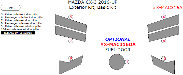 Mazda CX-3 2016, 2017, Basic Exterior Kit, 6 Pcs. dash trim kits options