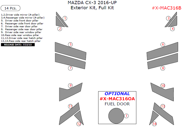 Mazda CX-3 2016, 2017, Exterior Kit, Full Interior Kit, 14 Pcs. dash trim kits options