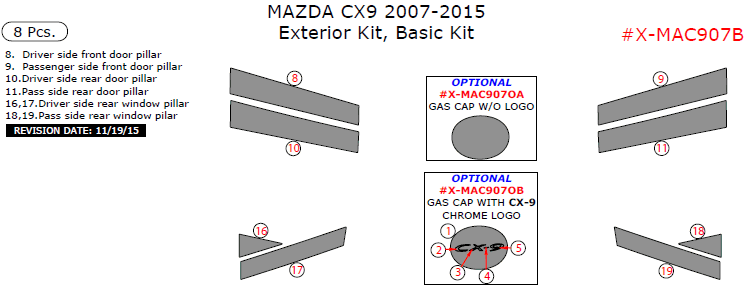 Mazda CX-9 2007, 2008, 2009, 2010, 2011, 2012, 2013, 2014, 2015, Basic Exterior Kit, 8 Pcs. dash trim kits options