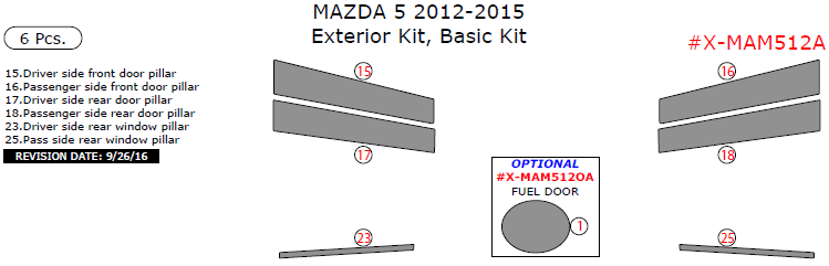 Mazda 5 2012, 2013, 2014, 2015, Basic Exterior Kit, 6 Pcs. dash trim kits options