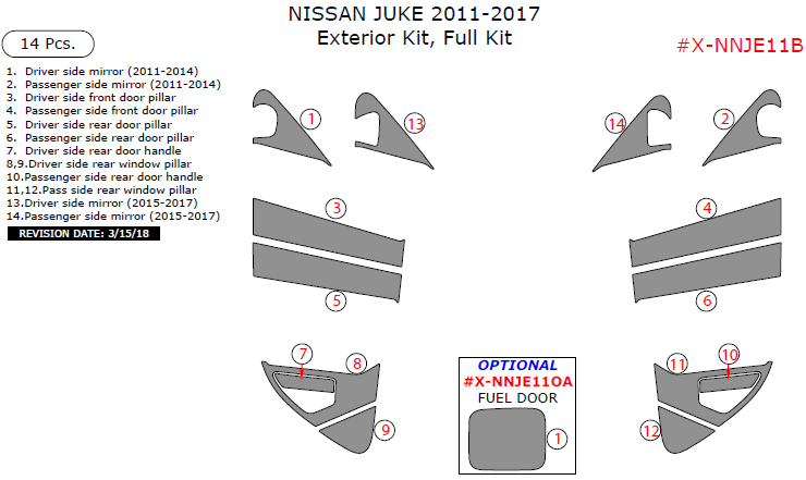 Nissan Juke 2011, 2012, 2013, 2014, 2015, 2016, 2017, 2016, 2017, Exterior Kit, Full Interior Kit, 14 Pcs. dash trim kits options