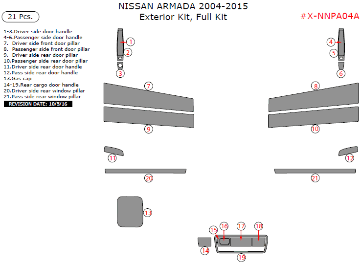 Nissan Armada 2004, 2005, 2006, 2007, 2008, 2009, 2010, 2011, 2012, 2013, 2014, 2015, Exterior Kit, Full Interior Kit, 21 Pcs. dash trim kits options