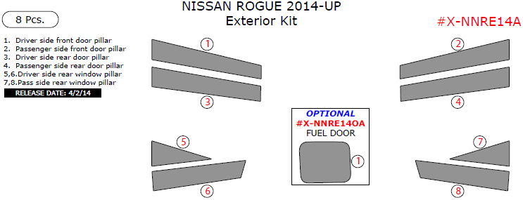 Nissan Rogue 2014, 2015, 2016, Exterior Kit, 8 Pcs. dash trim kits options