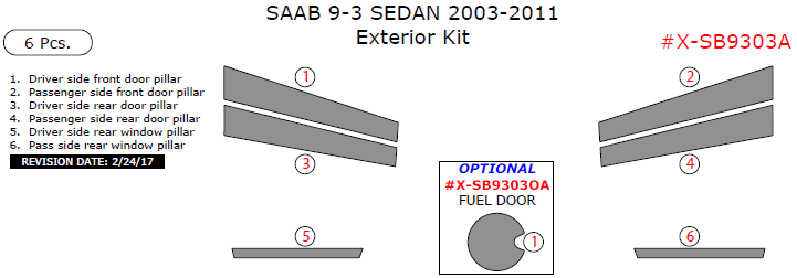 Saab 9-3 Sedan 2003, 2004, 2005, 2006, 2007, 2008, 2009, 2010, 2011, Exterior Kit, 6 Pcs. dash trim kits options