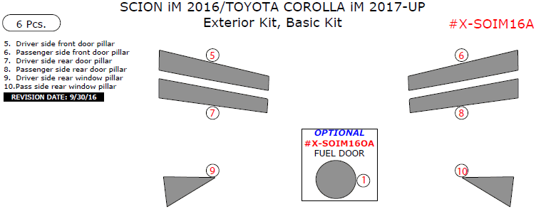 Scion iM 2016/Toyota Corolla iM 2017-2018, Basic Exterior Kit, 6 Pcs. dash trim kits options