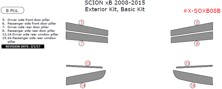 Scion xB 2008, 2009, 2010, 2011, 2012, 2013, 2014, 2015, Basic Exterior Kit, 8 Pcs. dash trim kits options