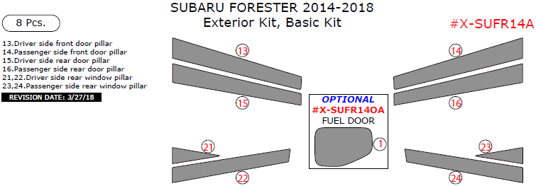 Subaru Forester 2014, 2015, 2016, 2017, 2018, Basic Exterior Kit, 8 Pcs. dash trim kits options