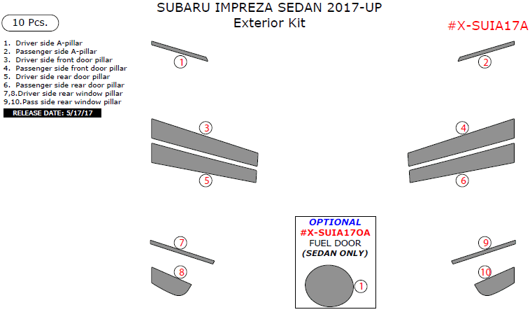 Subaru Impreza Sedan 2017-2023, Exterior Kit, 10 Pcs. dash trim kits options