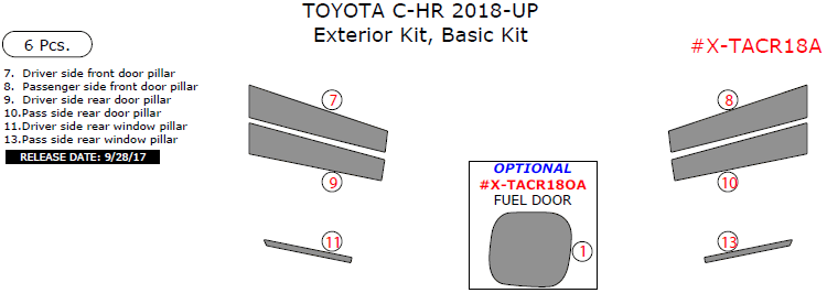 Toyota C-HR 2018-2025, Basic Exterior Kit, 6 Pcs. dash trim kits options