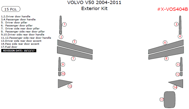 Volvo V50 2004, 2005, 2006, 2007, 2008, 2009, 2010, 2011, Exterior Kit, 15 Pcs. dash trim kits options