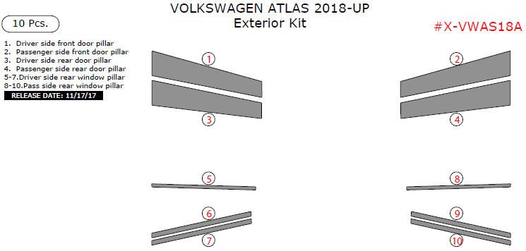 Volkswagen Atlas 2018-2025, Exterior Kit, 10 Pcs. dash trim kits options