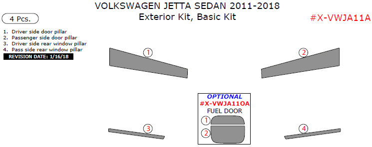 Volkswagen Jetta Sedan 2011, 2012, 2013, 2014, 2015, 2016, 2017, 2018 Basic Exterior Kit, 4 Pcs. dash trim kits options