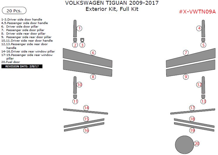 Volkswagen Tiguan 2009, 2010, 2011, 2012, 2013, 2014, 2015, 2016, 2017, Exterior Kit, Full Interior Kit, 20 Pcs. dash trim kits options